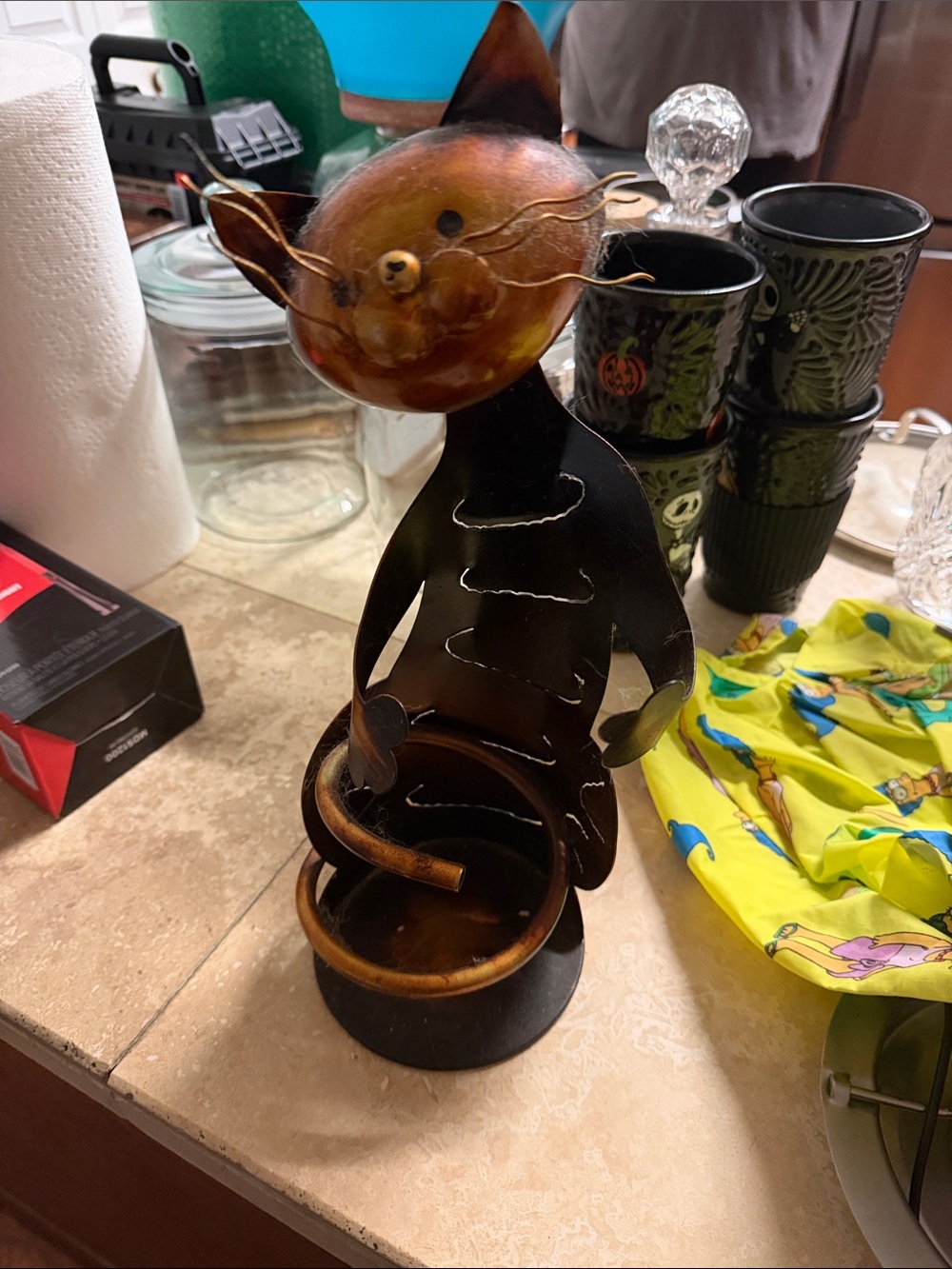 Metal Cat Wine Bottle Holder - Rustic Brown & Black